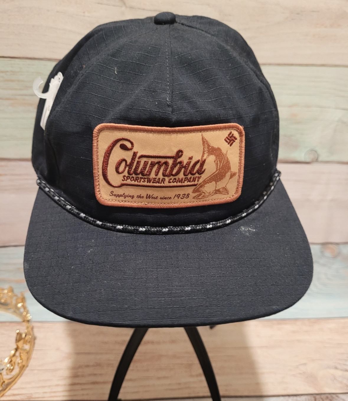 Columbia Ratchet Strap Fish Patch Snapback Hat Black 5-Panel Vintage Rope Cap