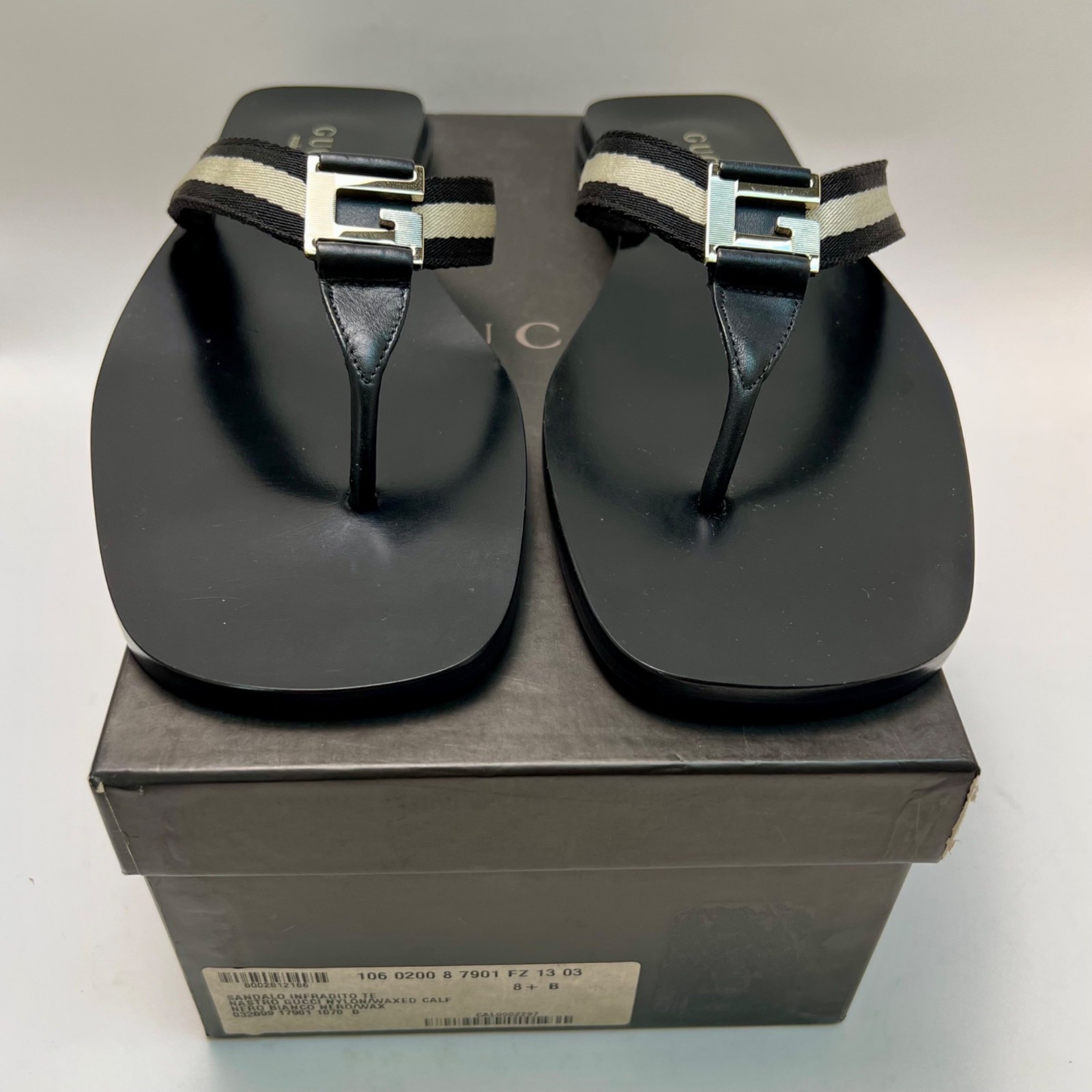 Vintage GUCCI Women's Striped Canvas Sandals With Gold "G" Women's Size 8.5 NEW thumbnail 2