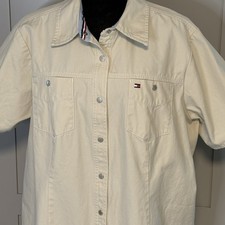 Vtg Y2K Tommy Hilfiger Women's Snap Canvas Beige Dress Size 20 Collared Knee Tan