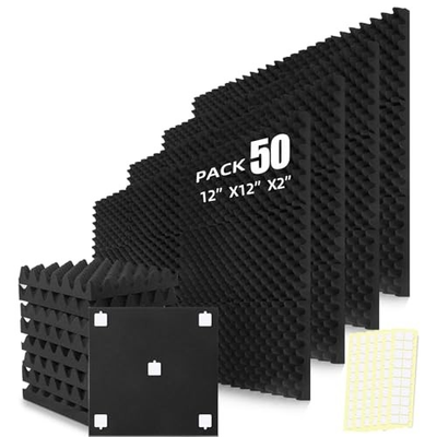 #ad 50 Pack Acoustic Panels Foam for Walls 2quot;x12quot;x12quot; 12quot;x12quot;x2quot; Black 50 Pack $79.89