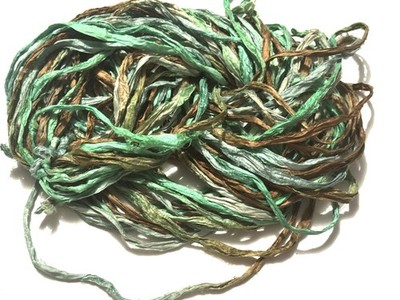 Tariff FREE 2 oz Recycled Sari Silk Ribbon Yarn Brown Green Tie Dye