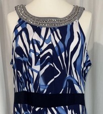 KALEIDOSCOPE sze 20 Maxi Dress Blue Silver Neck Detail Stretch Floaty Cruise VGC