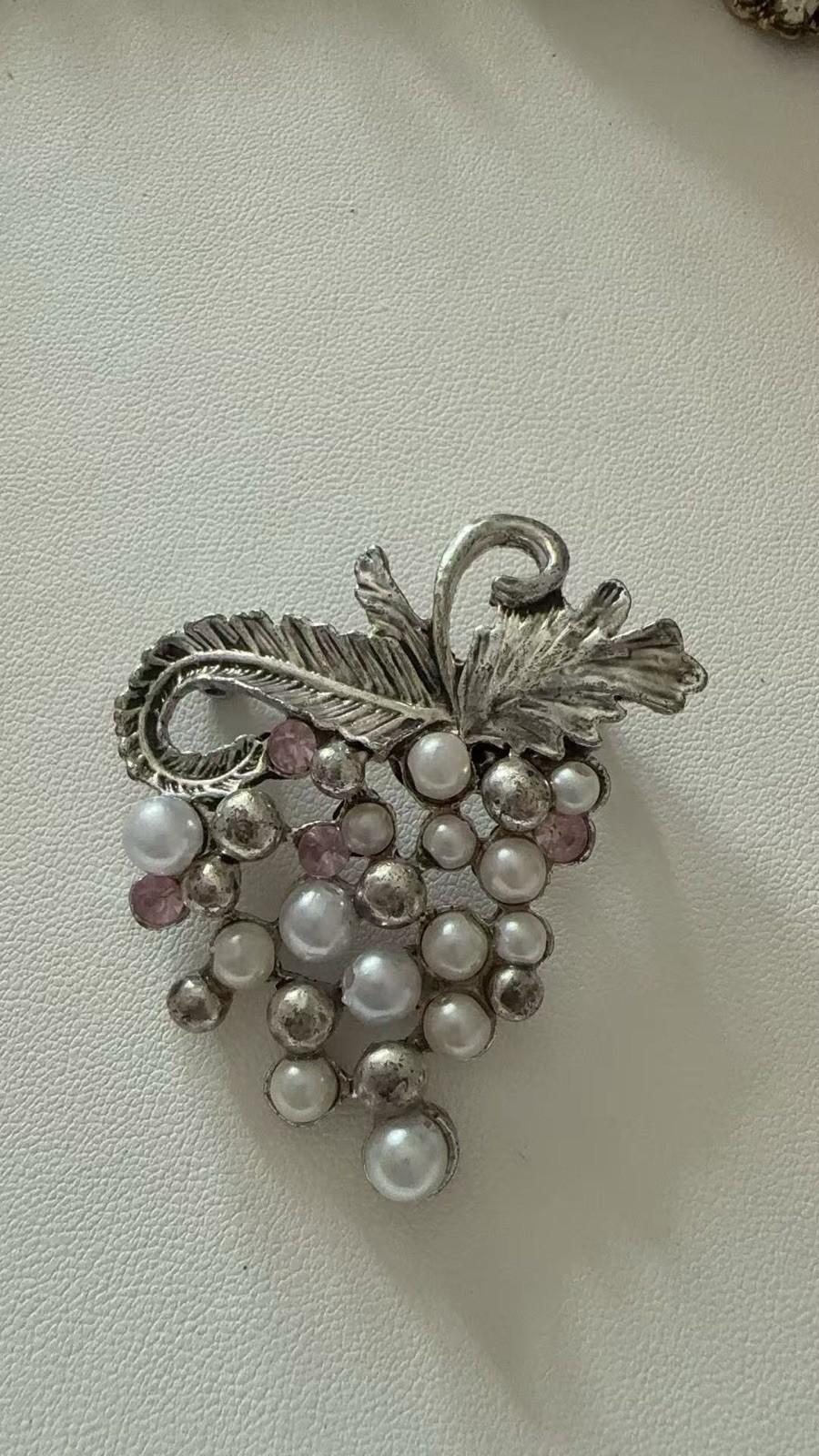 Vintage Grape Cluster Brooch Silver Tone Faux Pearl Pink Bead Statement Pin