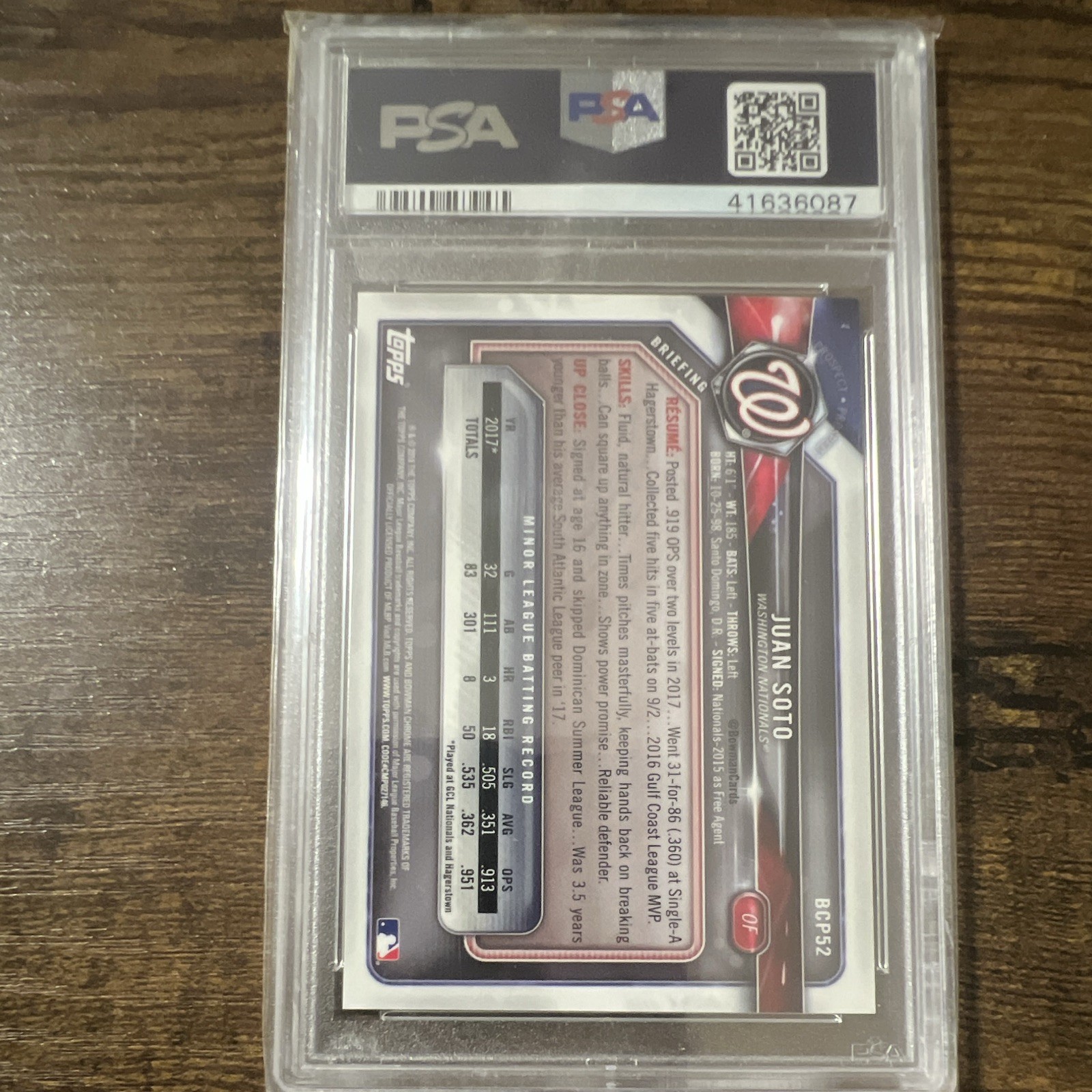 2018 Bowman Juan Soto Chrome Prospects Blue Shimmer Refractor BCP52 /150 PSA 10 view 2