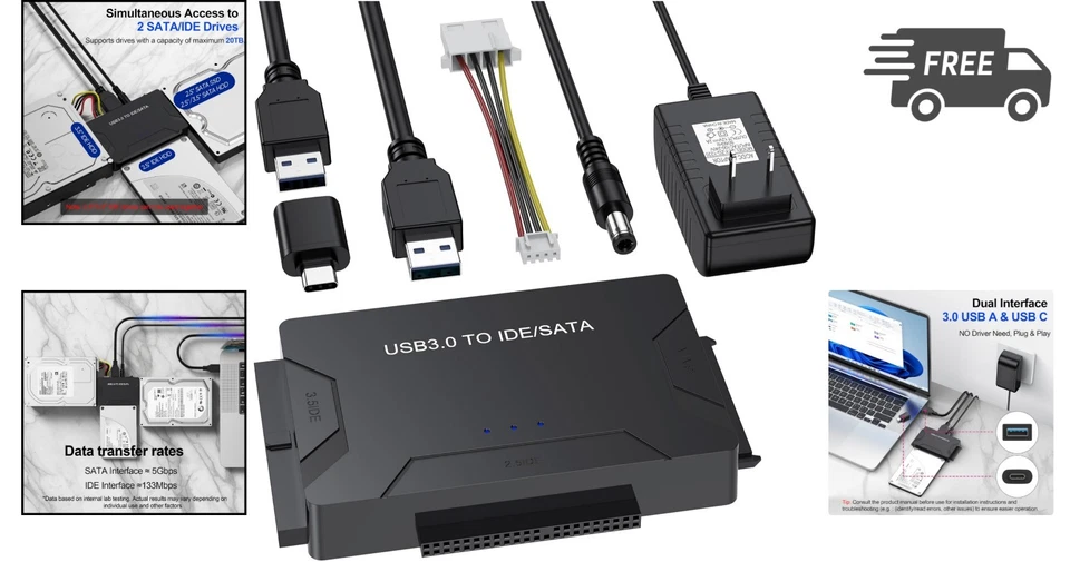 USB Hard Drive Adapter 3.0 Type C SATA IDE HDD SSD Data Recovery Tool - Image 2 of 4