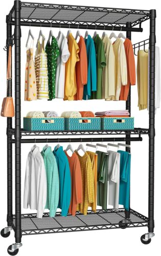 New-P1 Heavy Duty Garment Rack, 3 Tiers Adjustable Rolling Metal Closet Organize