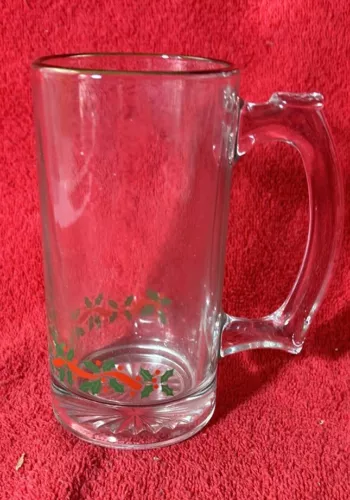 Holly Berry Beer Mug Stein 5.5"  Heavy Gold Trim Christmas Holiday