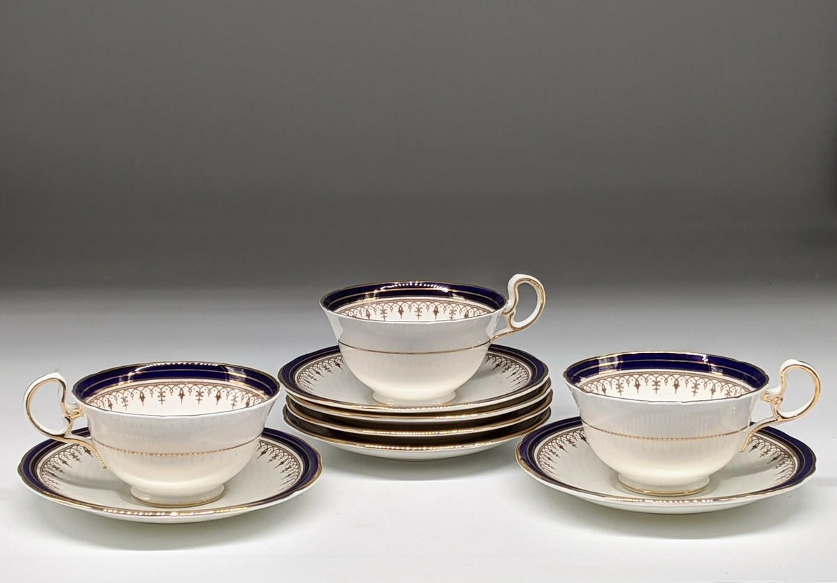Set 6 & 8 Aynsley Bone China Leighton Cobalt and Gold CUPS and