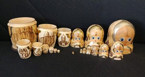 Russian Nesting Doll Ceprueb Nocag 10 Piece Hand Painted Cauterized Fleur Palace - Picture 2 of 13