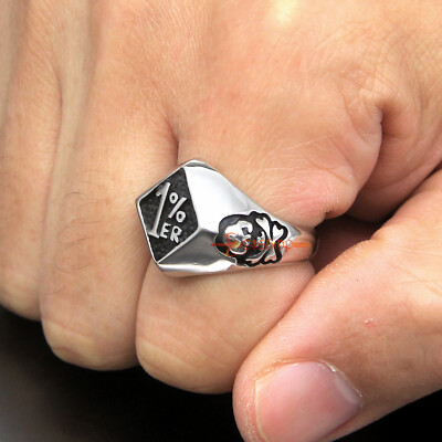 Men's 1%er Skull Stainless Steel Ring - Outlaw Biker Motorcycle Ring, Size 11, Silver