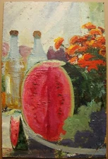 Ukrainian Soviet Oil Painting Still Life postimpressionism watermelon bottles