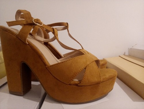 Sandalias color camel con tacon ancho y plataforma contable para mujeres |  eBay