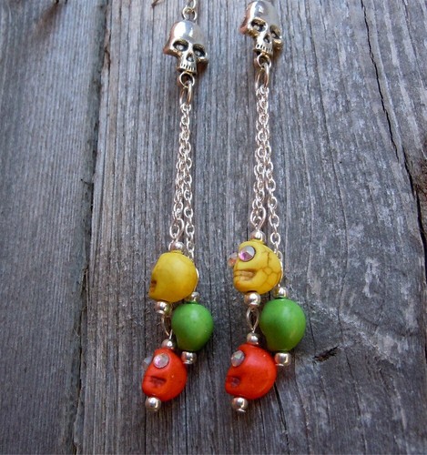 Cascading Colorful Skulls with Rhinestone Eyes Hanging Earrings - Picture 3 of 5