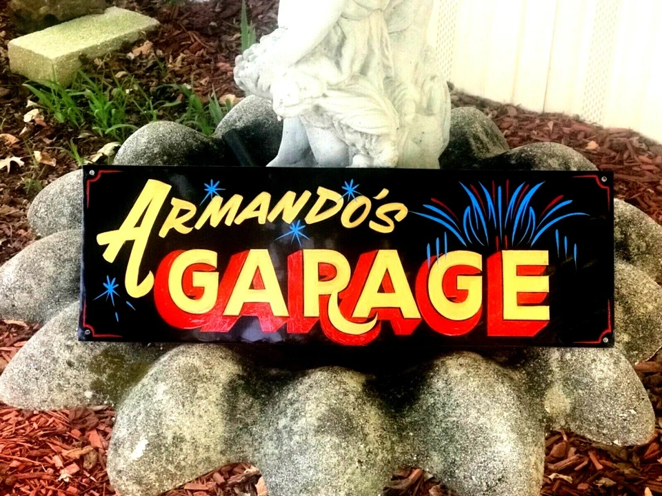 Letrero de nombre de tienda Hot Rat Rod pintado garaje personalizado vintage arte a rayas Foto 2 de 4