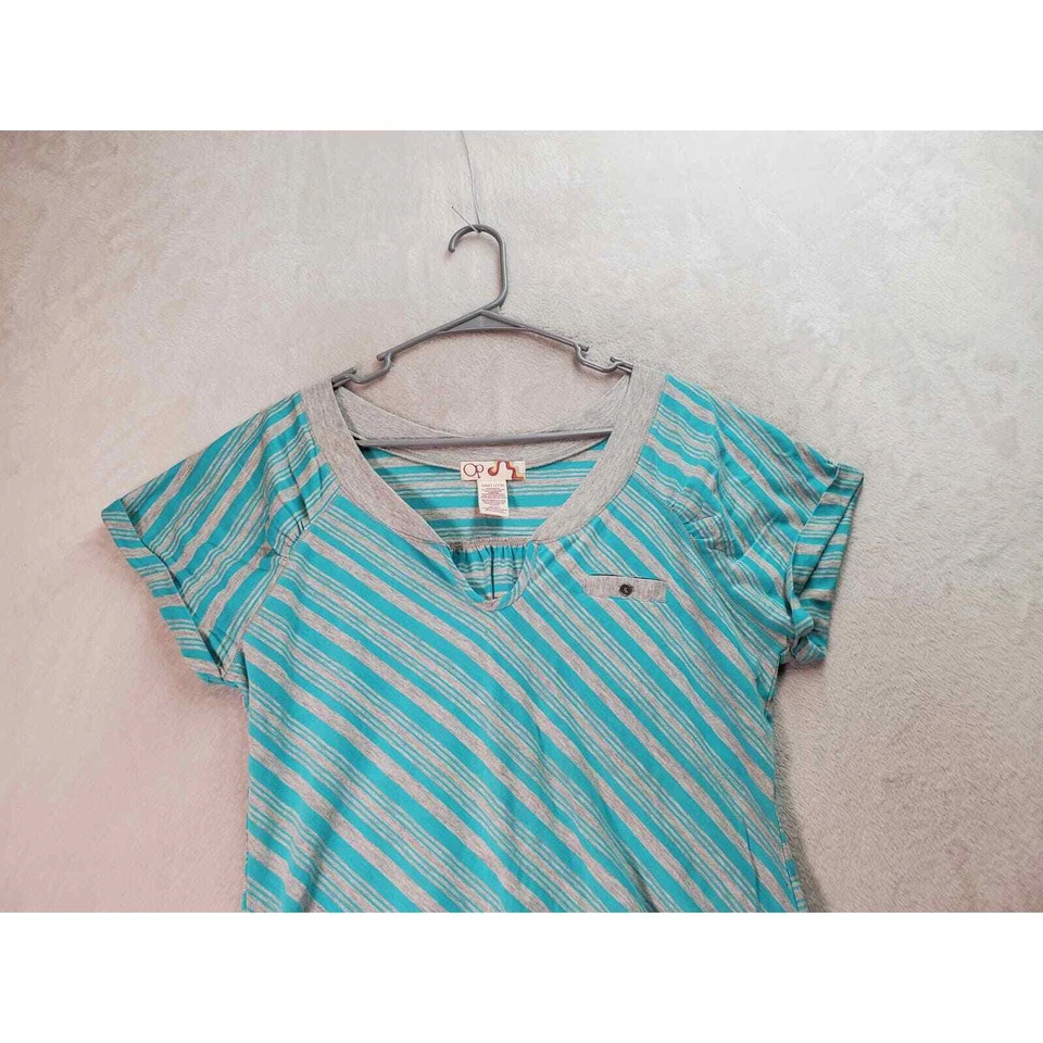 Ocean Pacific Blouse Top Girls Large Blue Gray Stripe Cotton Short Sleeve V Neck - Image 3 of 4