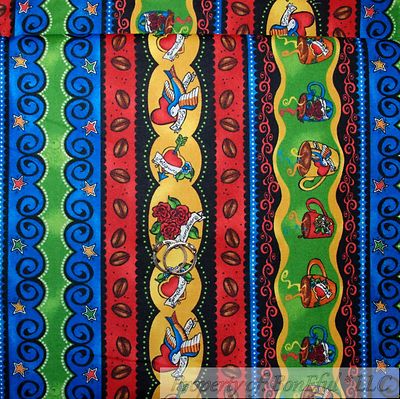 BonEful FABRIC FQ Cotton Quilt VTG Color Red Blue Black Brown Coffee Bean Stripe