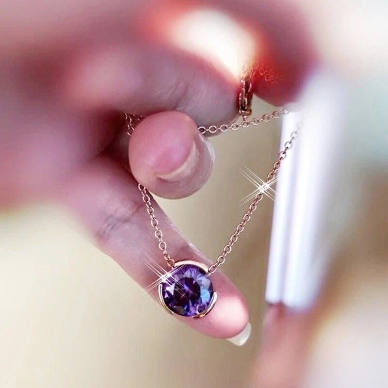 18K Rose Gold GF Made With Swarovski Crystal Round Cut Single Amethyst Necklace - Image 3 of 4