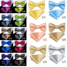 Mens Self Pre Bow Tie Black Gold Adjustable Bowtie Pocket Square Cufflinks Set