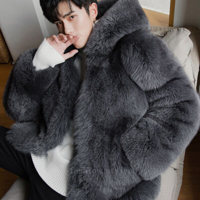 Winter New Fox Fur Coat Men's Thickened Hooded Faux Fur Coat Trend