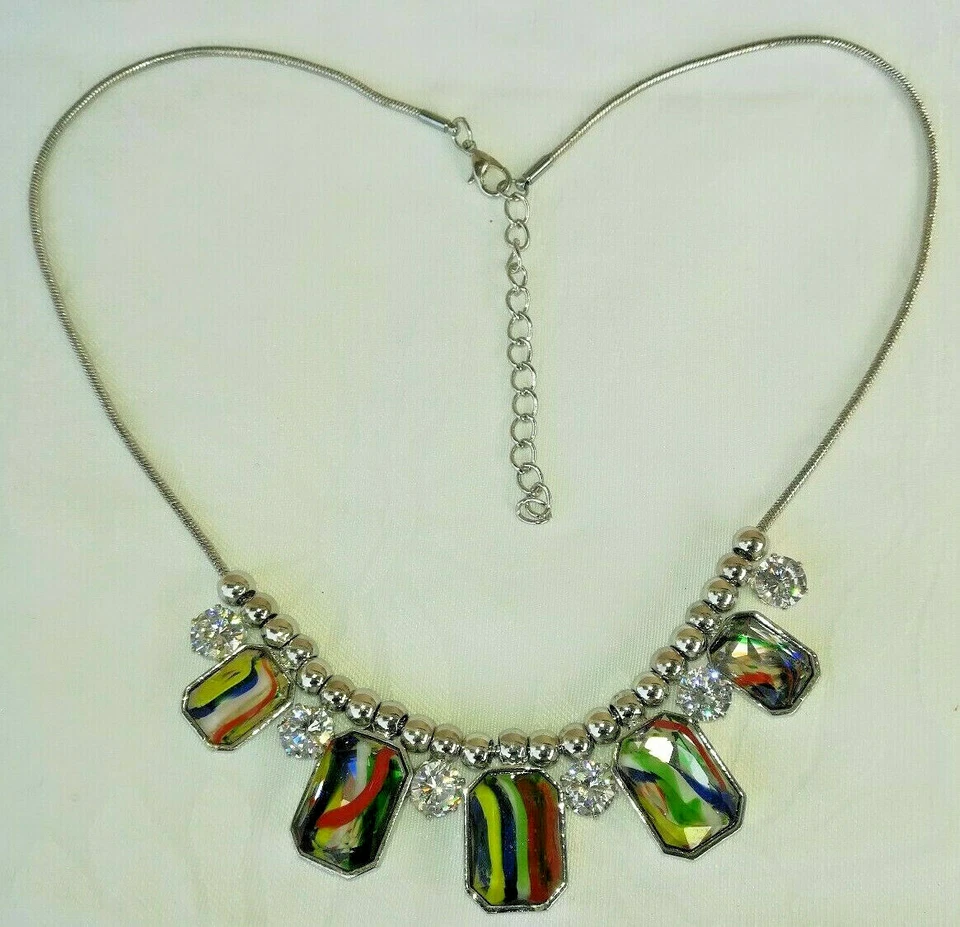 Schlangenkette, mit Behang, Strass und bunte Perlen, Collier silber-farben - Bild 4 von 4