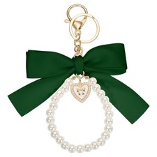 Ribbon Bow Keychain Pearl Wristlet Keychain Heart Pendant Green,
