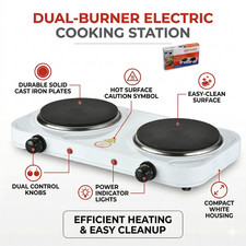 2 Burner Electric Hot Plate Stove 2000W Cast Iron Non-Stick Tabletop Hob