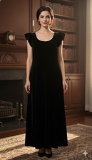 Vtg Handmade Black Cotton Velvet Maxi Dress Flutter Sleeve Whimsigoth Goth M