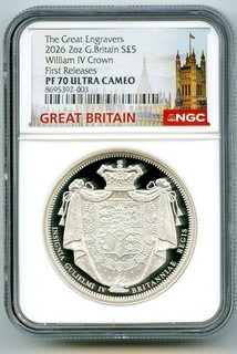 2026 GB 2 OZ SILVER PROOF NGC PF70 UCAM GREAT ENGRAVERS WILLIAM IV CROWN FR