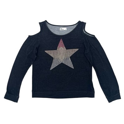 Epic Threads Girls L Cold Shoulder Top Black Long Sleeve Rhinestone Star