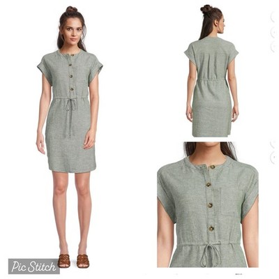 Olive Green Linen Rayon Shirt Dress Sz 8/10 Pockets String Tie Waist Quince Dupe