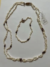Double Stranded Freshwater Pearl Necklace And Bracelet w Garnet And Gold Beads