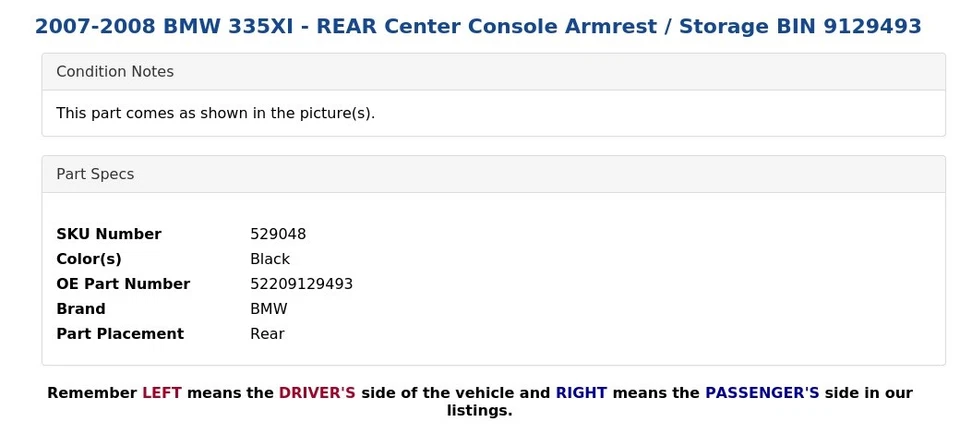 2007-2008 BMW 335XI - Apoio de braço console central traseiro / caixa de armazenamento 9129493 - Imagem 4 de 4