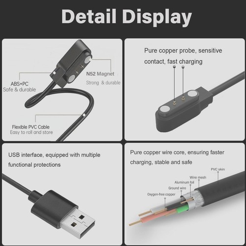 Black 60cm magnetic USB charger with copper probe, PVC skin, aluminum mesh, and visible USB interface.