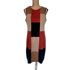 Spense Faux Suede Patchwork Shift Dress Orange Black Tan Brown Retro Size 12