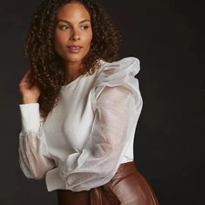 Anthropogie DOLAN Beige Puff-Sleeve Rib Sleeve Top Size S NWT