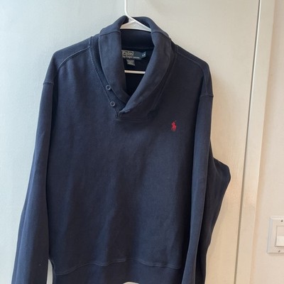 Polo by Ralph Lauren Men's Sweatshirt Sweater Navy Blue L Buttons Shirt 1/4 Zip