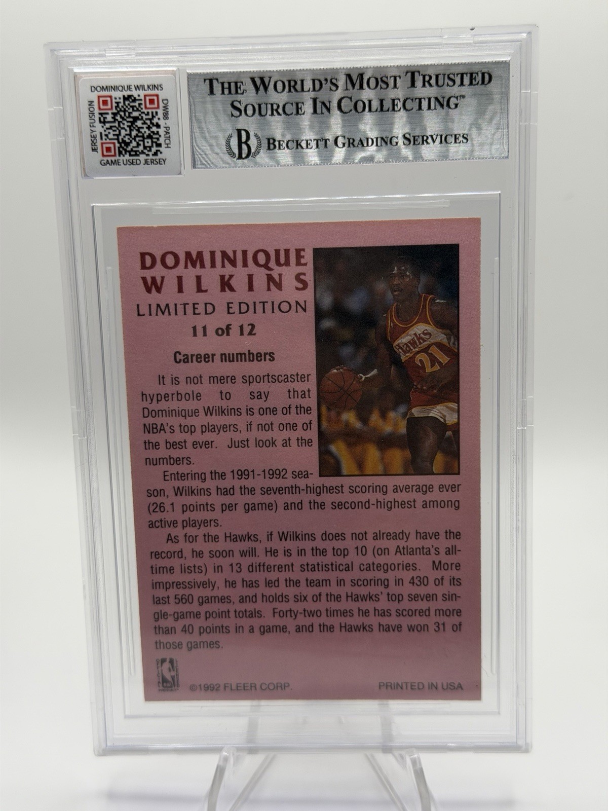 Dominique Wilkins Legendary Jersey Fusion Game Used Patch BGS 10 Auto 91-92 UD view 2