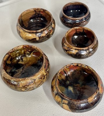Handmade Studio Pottery Bowl Set   Earth Tone Drip Glaze   5 Pieces