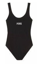 Victoria's Secret PINK Scoop Neck Tank Bodysuit Black Logo Graphic XSmall NWT