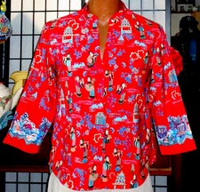 JOSIE NATORI ASIAN MOTIF TOP BLOUSE THREE-FOURTHS SLEEVE SMALL