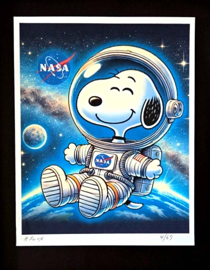 AIDAN FLUX Firmado a Mano Auténtico Impresión 14x11 pulgadas Enmarcado Snoopy Astronauta con Certificado de Autenticidad Foto 3 de 4