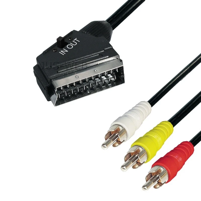 Scart IN/OUT Umschalter 3 Cinch Stecker 2 Audio 1 Video 2m Adapter Kabel TV AV - Bild 1 von 1