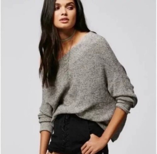 Free People Alana grauer schulterfreier lässiger Boho Relax Pullover Größe Small - Bild 1 von 4