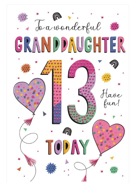 Birthday Card GRANDDAUGHTER 13th 13. *Nine Inch Foiled Card, Paper pages inside*