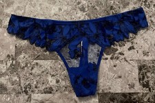 NWT VICTORIA'S SECRET S BLUE SATIN FLORAL MESH EMBROIDERY SHIMMER THONG PANTIES