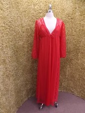 Vtg 1960s Romantic Hot Red Nylon Chiffon Lace Maxi Nightgown  Robe Peignoir S