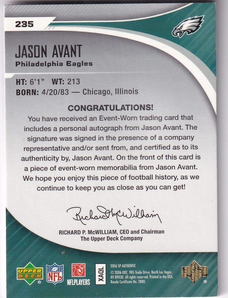 2006 SP Authentic #235 Jason Avant JSY 945/999 AUTO RC - Image 2 of 2