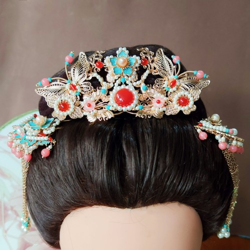 Copricapo Hanfu originale fatto a mano rame forcina agata nappa copricapo - Foto 17 di 18