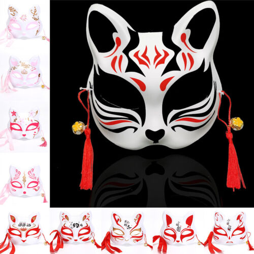 Maschera volpe anime mezza faccia maschera gatto maschera Kabuki Kitsune maschera cosplay costume - Foto 3 di 38