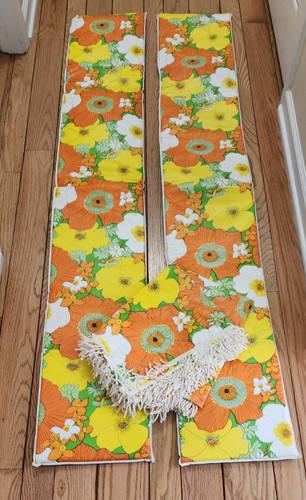 Vintage Picnic Table Cloth & Bench Cover Set Foam Padded Mod Floral Fringe MCM